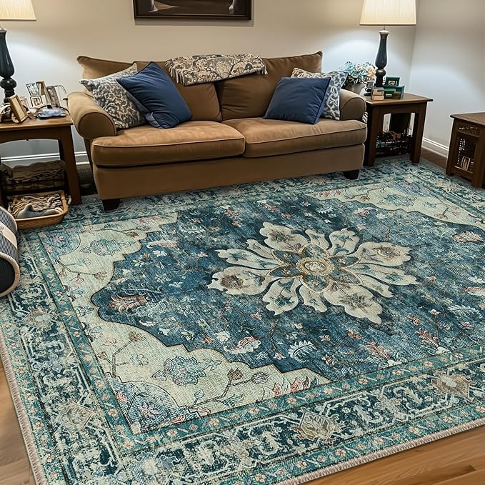RELEANY Area Rugs 7'x9' Washable Non-Slip, Floral Vintage Distress Print by RELEANY