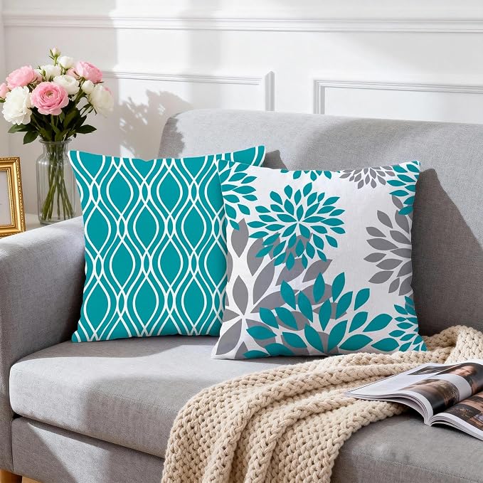 Hexagram Geometric Teal Pillow Covers 16x16 Set of 4, Decorative Outdoor Boho - Image 3