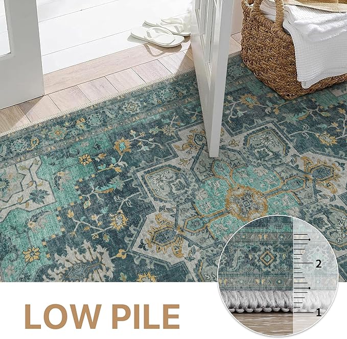 GENIMO 7'6''x9'6'' Area Rugs for Living Room, Machine Washable Non Slip Vintage Rugs, Low Pile Lightweight Chenille Print Rug for Bedroom, Dining Room, Home Office, Dark Green