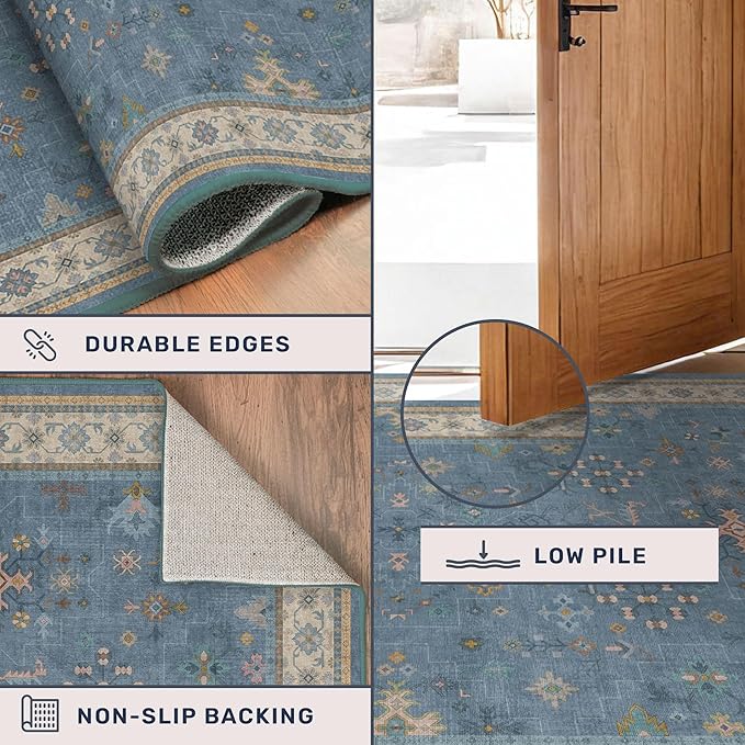 Non Slip 10ft Long Hallway Runner Rug Blue - 2 x 10 Runner Rug, Washable & Waterproof 2x10 Kitchen Floor Mat - Modern Eclectic Boho Design Décor