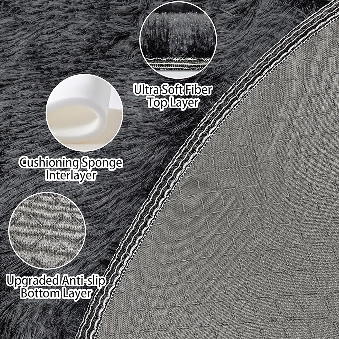 Tie Dye Black Round Rugs Small 3x3 ft Fluffy Circle Rug Furry Carpet Shaggy - Image 4