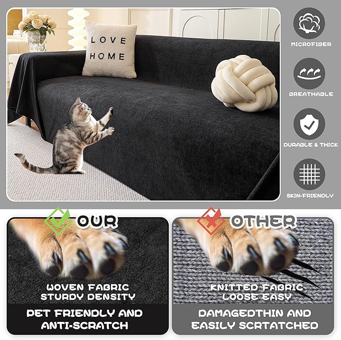 MYSKY HOME Black Couch Covers for Sectional Sofa, Couch Cover L Shape Couch Covers for Dogs Washable Couch Cover Banket Modern Sofa Slipcovers, Super Soft Sofa Towel for Kids, Pets, 71" x 150"