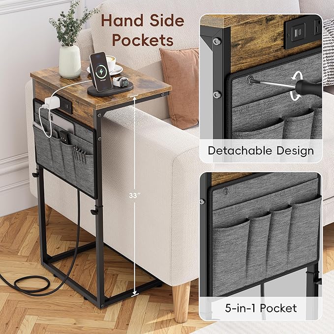 Vagusicc C Shaped End Table with Charging Station, 33" Tall Side Table for Couch, Sofa Table Adjustable Height Small Couch Side C Table, Slide Under Sofa Tray Arm Table for Living Room, Bedroom, Brown