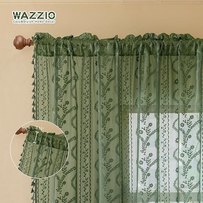 WAZZIO Boho Lace Curtains 2 Panels 72 Inches -Vintage Victorian Sheer Panel - Image 7