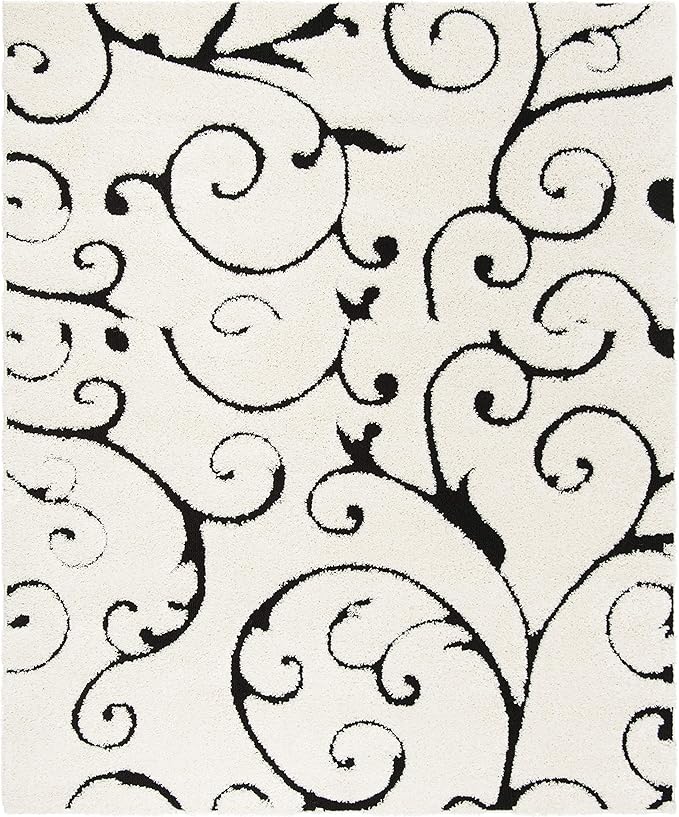 SAFAVIEH Florida Shag Collection Area Rug - 5' Square, Ivory & Black, Scroll Design, Non-Shedding & Easy Care, 1.2-inch Thick Ideal for High Traffic Areas in Living Room, Bedroom (SG455-1290)