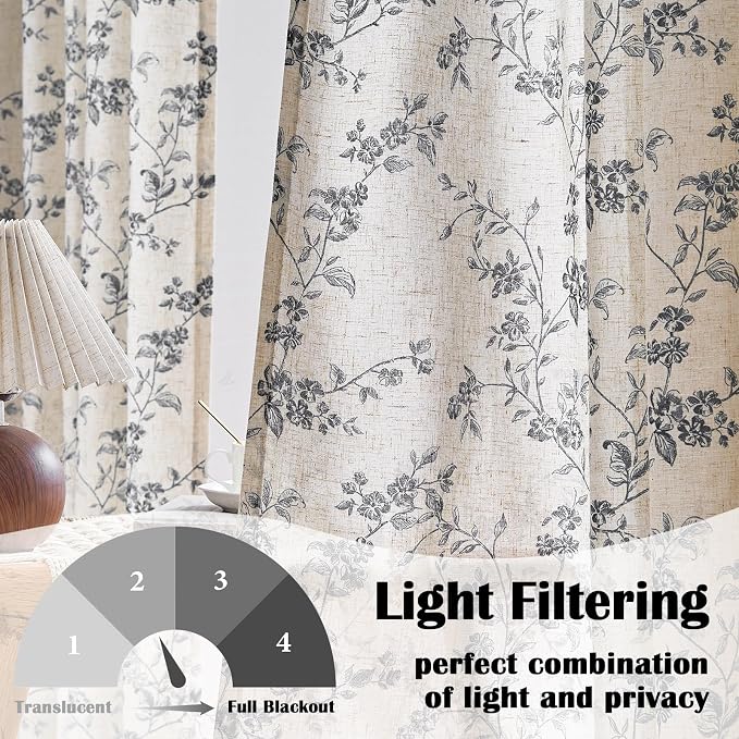 Lazzzy Farmhouse Linen Curtains Black Floral Curtains 96 Inch Length Back Tab - Image 3