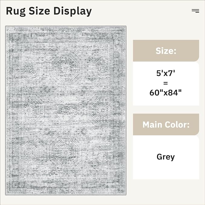 5x7 Area Rugs Gray Low Pile Indoor Washable Trendy Faded Style Rugs - Image 5