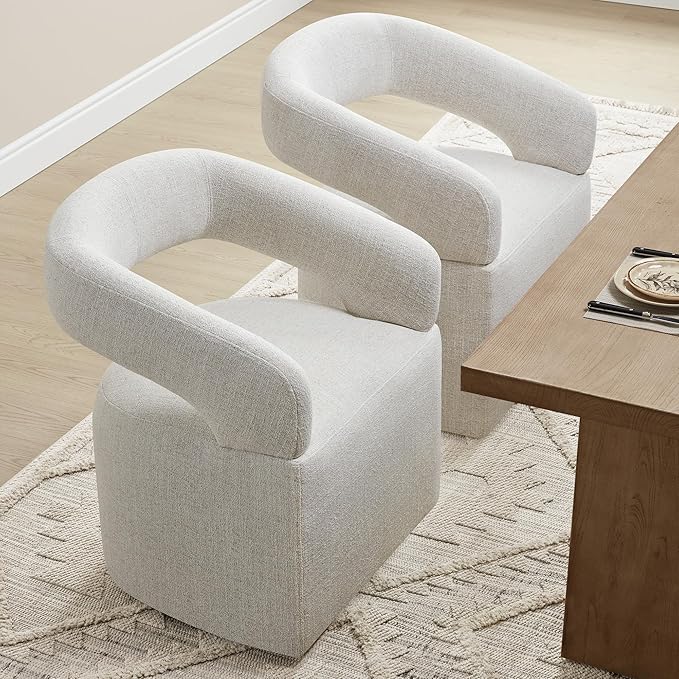 Upholstered Dining Chairs with Casters Modern Barrel Side Armchair with Rollers for Diningroom Bedroom Livingroom Reading Room, Beige, 2PCS