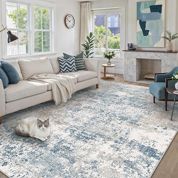 PureCozy Blue 8x10 Area Rug Washable Modern Abstract Living Room Carpet Non - Image 2