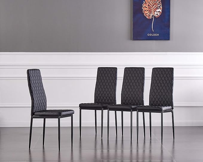 JT Modern Minimalist Dining Chair Fireproof Leather Sprayed Metal Pipe Diamond Grid Pattern Restaurant Home Conference Chair Set of 4 Or 6 (6, Black)