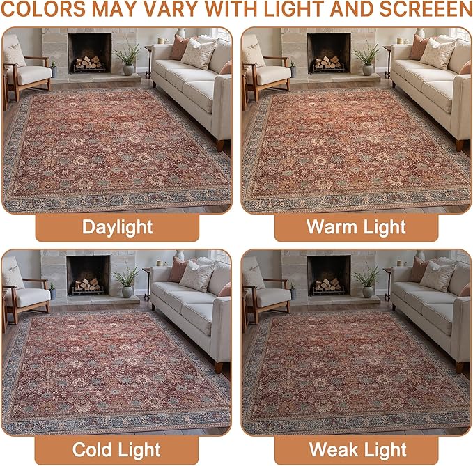 10X12 Area Rugs Machine Washable Rugs for Living Room, Vintage Boho Large Rugs for Bedroom Dining Room, Non Slip Indoor Soft Distressed Lightweight Thin Low Pile Carpet, Red Brown