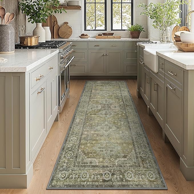 GENIMO Runner Rug 2x7 Non Slip Machine Washable Vintage Hallway Runner Rugs, Low Pile Lightweight Mat for Living Room, Entryway, Bedroom, Kitchen and Corridor, Distressed Sage