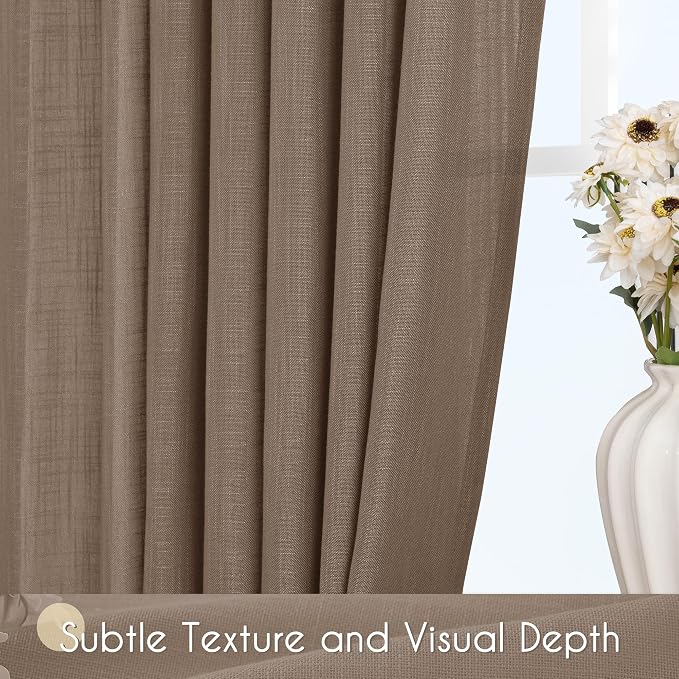 Chocolate Brown Linen Curtain 84 inch Length 2 Panels Set Back Tab Light - Image 3