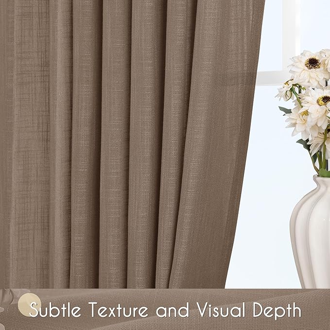 Chocolate Brown Linen Curtain 96 inch Length 2 Panels Set Back Tab Light - Image 3