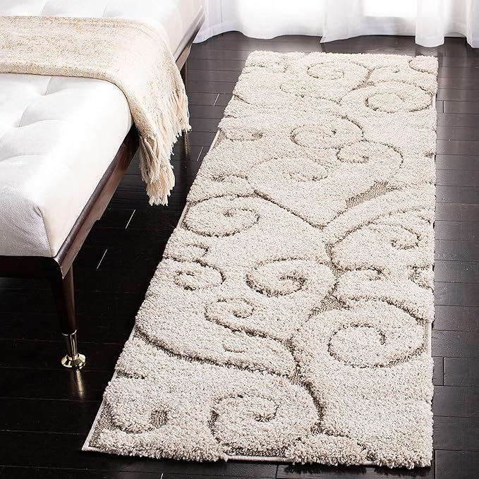 SAFAVIEH Florida Shag Collection Runner Rug - 2'3" x 9', Cream & Beige, Scroll Design, Non-Shedding & Easy Care, 1.2-inch Thick Ideal for High Traffic Areas in Living Room, Bedroom (SG455-1113)