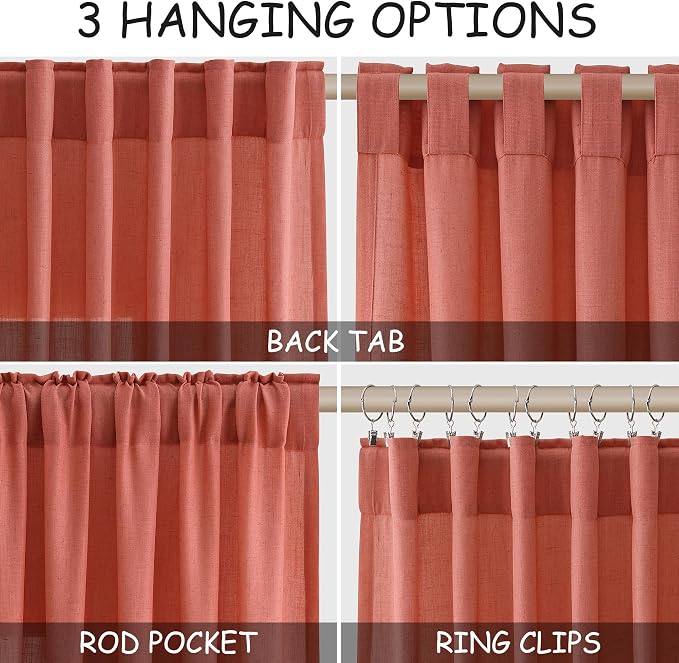 Coral Linen Curtains 84 Inch Length 2 Panels Set Back Tab Rod Pocket Light - Image 2