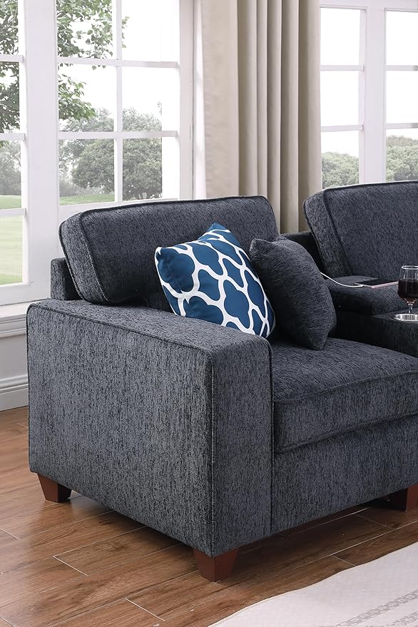 L-Shaped Sectional Couch for Living Room with Movable Ottoman&6 Throw Pillows,7 Seat Chenille Upholstered Sofa W/2 Cup Holder,USB Port&Hidden Storage Box,DIY Combination,Apartment,Dark Gray,127"