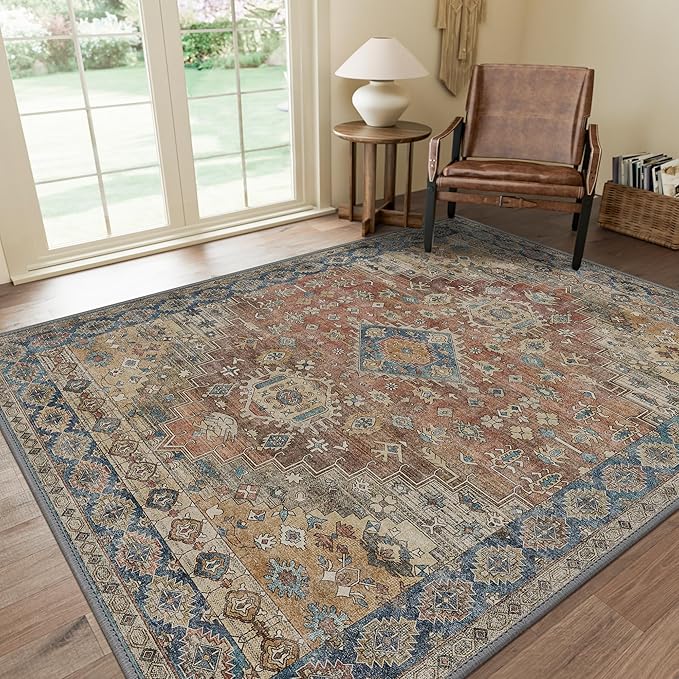 GENIMO 3x5 Area Rugs for Living Room, Machine Washable Non Slip Vintage Rugs, Low Pile Lightweight Chenille Print Rug for Bedroom, Dining Room, Home Office, Antique Red