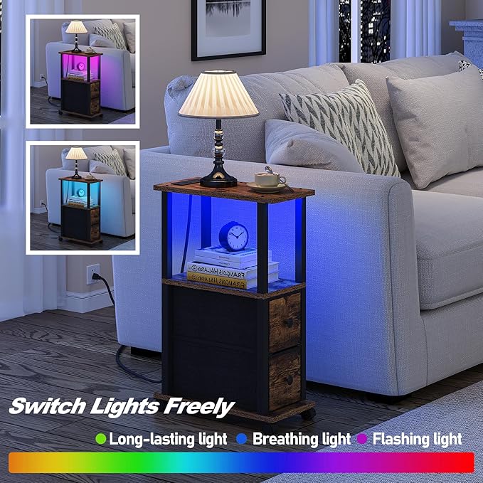 TUTOTAK Small Narrow End Tables, LED Side Tables with 2 Fabric Drawers, Set of 2, Bedside Tables with Charging Station for Small Spaces, Slim Nightstands with USB Ports and Wheels, TB01BB053CL