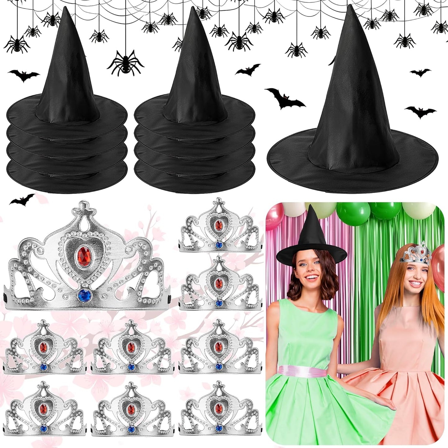 Tlswshsy 18 Pcs Princess Crowns and Witch Hats Set, Witches and Princess Party Favors, Queen Wizard Hats Decoration for Birthday Costume Cosplay Halloween Party Supplies Photo Props