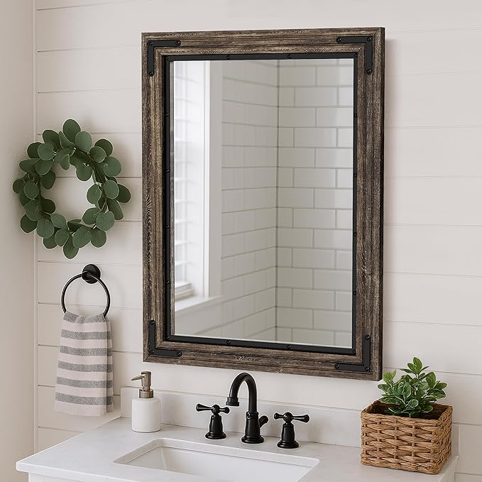 YOSHOOT Farmhouse Bathroom Mirror, Rustic Wood Mirror, Wooden Framed Vanity Mirror, Solid Wood & Handmade, Vertical or Horizontal Hanging for Bathroom Entryway Living Room Bedroom, 32" x 24", Brown