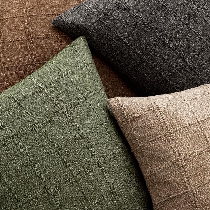 Foindtower Set of 2 Decorative Linen Check Throw Pillow Covers Neutral Farmhouse Lumbar Cushion Covers Modern Boho Home Decor for Sofa Chair Couch Bedroom Living Room Outdoor,12×20 Inch,Brown Hazel