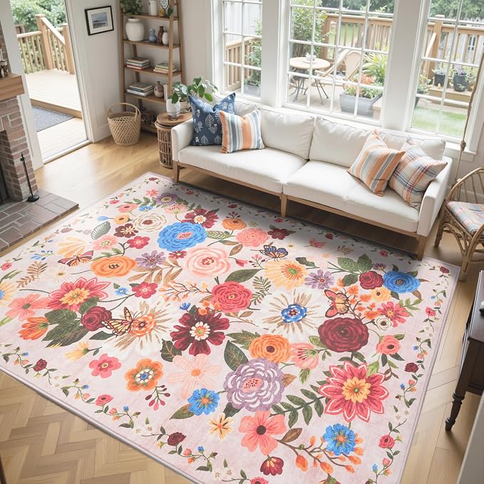 Pink/Beige Washable Area Rug 8x10, Large Soft Rugs by WelcometoBabovid