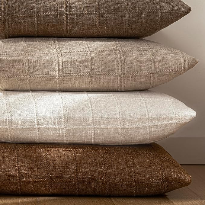 Foindtower Set of 2 Decorative Linen Check Throw Pillow Covers Neutral Farmhouse Vintage Cushion Covers Modern Boho Home Decor for Sofa Chair Couch Bedroom Living Room Outdoor,20×20 Inch,Cream White