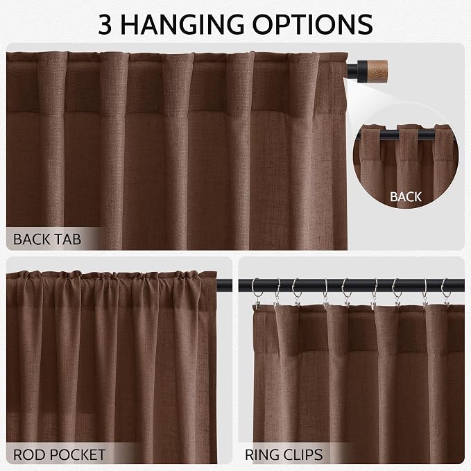 Mocha Brown Linen Curtains 102 Inches Long Rod Pocket Back Tab Drapes 2 Panels - Image 2