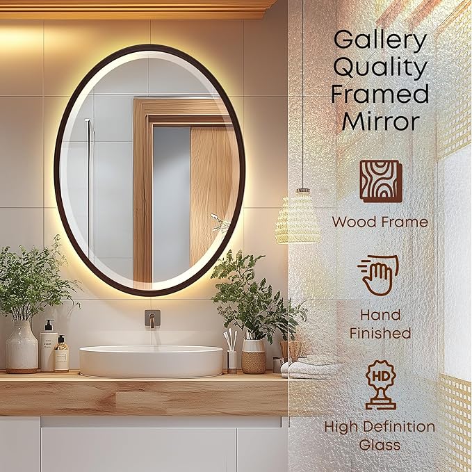 OVALCREST - Oval Wooden Beveled Wall Mirror for Home Decor, Bathroom, Vanity, Bedroom, Living Room, Hallway - London Style (Black Walnut) 25.1 x 31.1