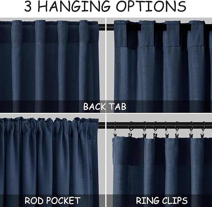 Nanspring Denim Blue Linen Curtains 96 Inches Long 2 Panels Set - Image 2