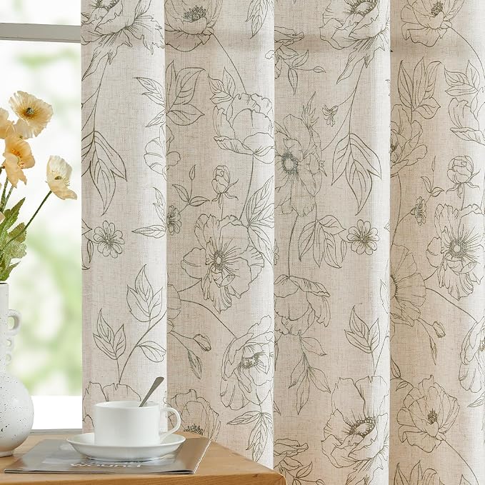 jinchan Floral Linen Curtains for Living Room 84 Inch Length Green Flower by JINCHAN