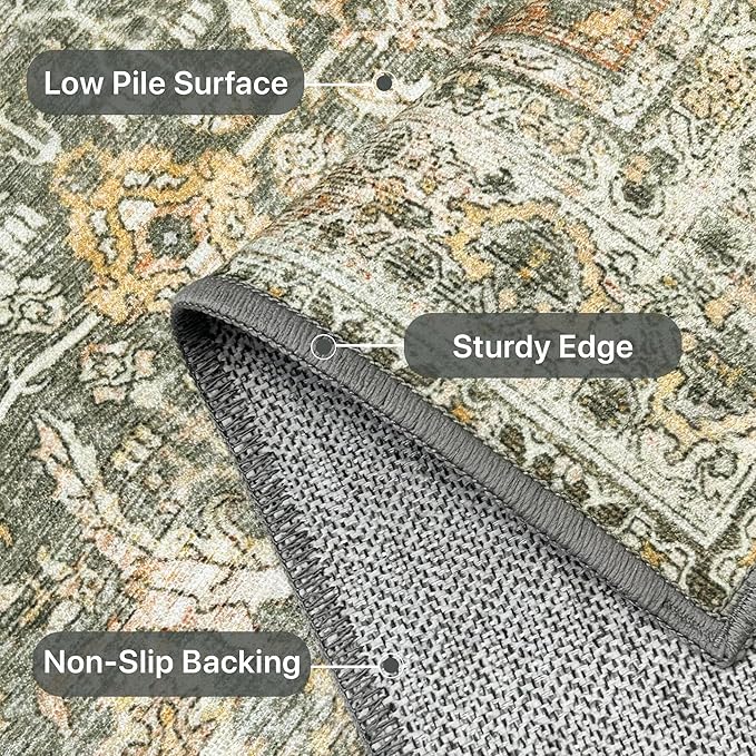 5X7 Area Rugs Machine Washable Rugs for Living Room, Vintage Boho Large Rugs for Bedroom Dining Room, Non Slip Indoor Soft Distressed Lightweight Thin Low Pile Carpet, Turmeric