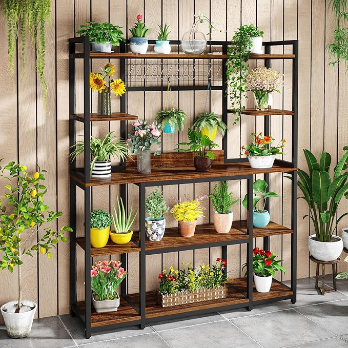 Tribesigns Large Bakers Rack, 55" Wide Kitchen Hutch Cabinet Microwave Stand with 11 Hooks, 5-Tier Baker’s Rack Kitchen Storage Shelf with Hutch, Rustic Brown