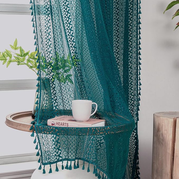 WAZZIO Boho Lace Curtains 45 Inches 2 Panel, Light Filtering Privacy Tassel & - Image 4