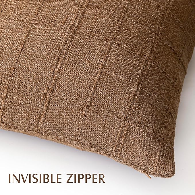 Foindtower Set of 2 Decorative Linen Check Throw Pillow Covers Neutral Farmhouse Lumbar Cushion Covers Modern Boho Home Decor for Sofa Chair Couch Bedroom Living Room Outdoor,12×20 Inch,Brown Hazel