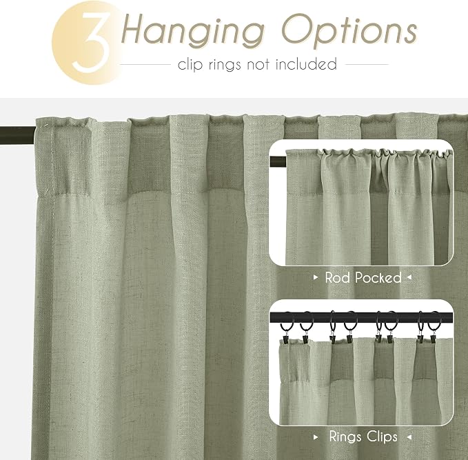Linen Blend Sage Green Curtains 102 inch Length 2 Panels - Image 2