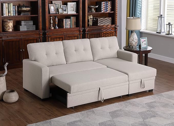 Devion Furniture Garisa 4-in-1 Convertible L Shaped Couch with Pull Out Bed and Storage, Sectional Sleeper Sofa with Reversible Chaise for Living Room, Apartment, Bedroom, Office