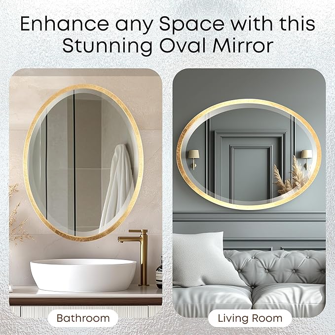 OVALCREST - Oval Wooden Beveled Wall Mirror for Home Decor, Bathroom, Vanity, Bedroom, Living Room, Hallway - London Style (Gold Leaf) 13.1 x 17.1
