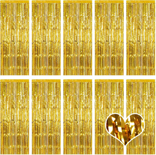 10 Pack Gold Backdrop Curtain 3.2ft x 8.2ft Metallic Tinsel Foil Fringe Curtains Photo Booth Background for Birthday Party Decoration Baby Shower Engagement Wedding Christmas Decoration (Gold)