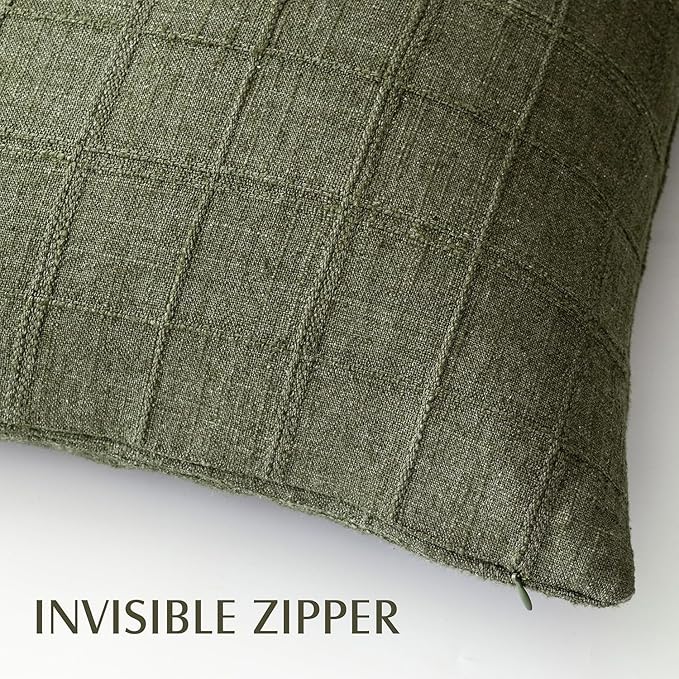 Foindtower Set of 2 Decorative Linen Check Throw Pillow Covers Neutral Farmhouse Vintage Cushion Covers Modern Boho Home Decor for Sofa Chair Couch Bedroom Living Room Outdoor,26×26 Inch,Olive Green