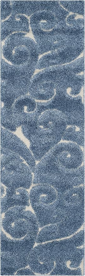 SAFAVIEH Florida Shag Collection Runner Rug - 2'3" x 13', Light Blue & Cream, Scroll Design, Non-Shedding & Easy Care, 1.2-inch Thick Ideal for High Traffic Areas in Living Room, Bedroom (SG455-6011)