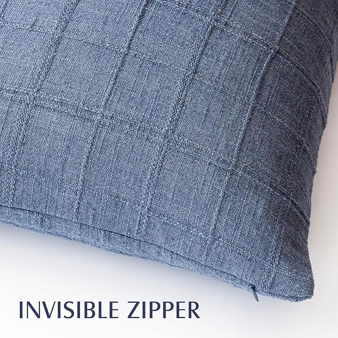 Foindtower Set of 2 Decorative Linen Check Throw Pillow Covers Neutral Farmhouse Vintage Cushion Covers Modern Coastal Boho Home Decor for Sofa Chair Couch Bedroom Living Room Outdoor,22×22 Inch,Blue
