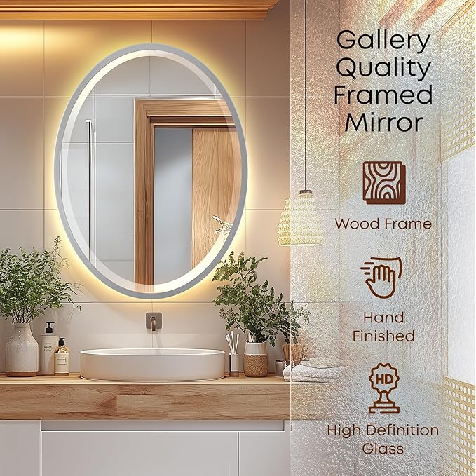 OVALCREST - Oval Wooden Beveled Wall Mirror for Home Decor, Bathroom, Vanity, Bedroom, Living Room, Hallway - London Style (Silver Spray) 25.1 x 31.1