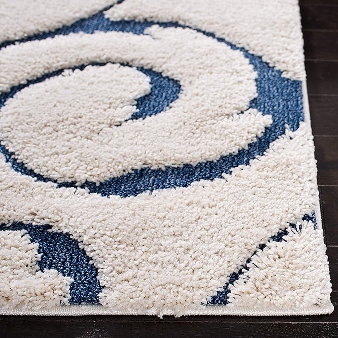 SAFAVIEH Florida Shag Collection Runner Rug - 2'3" x 17', Cream & Blue, Scroll Design, Non-Shedding & Easy Care, 1.2-inch Thick Ideal for High Traffic Areas in Living Room, Bedroom (SG455-1165)