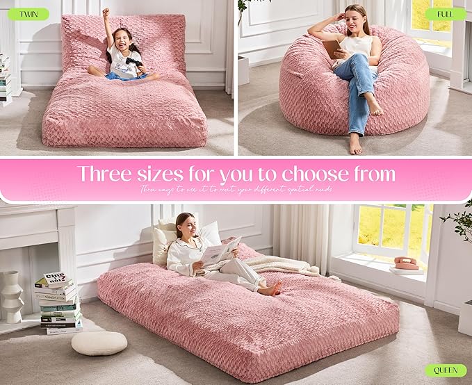 Hobestluk Bean Bag Chair Convertible Beanbag Chairs for Adults, 3 in 1 Bean Bags with Plush Chevron Cover, Adult Bean Bag Chair for Living Room, Bedroom (Pink, Queen)