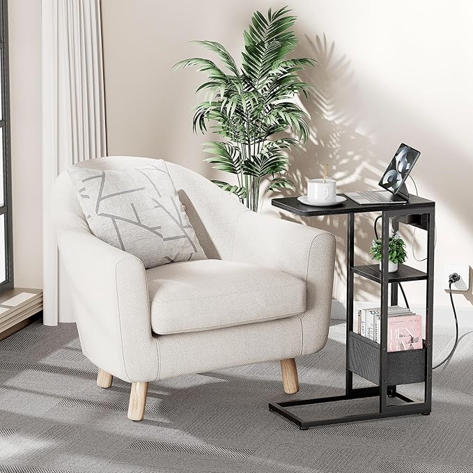 C Shaped End Table with Charging Station, Small Side Table for Couch Recliner, Slide Under Sofa Desk Snack Tables with Storage Bag & AC / USB Outlet, Small Spaces Drink Tables for Living Room, Bedroom
