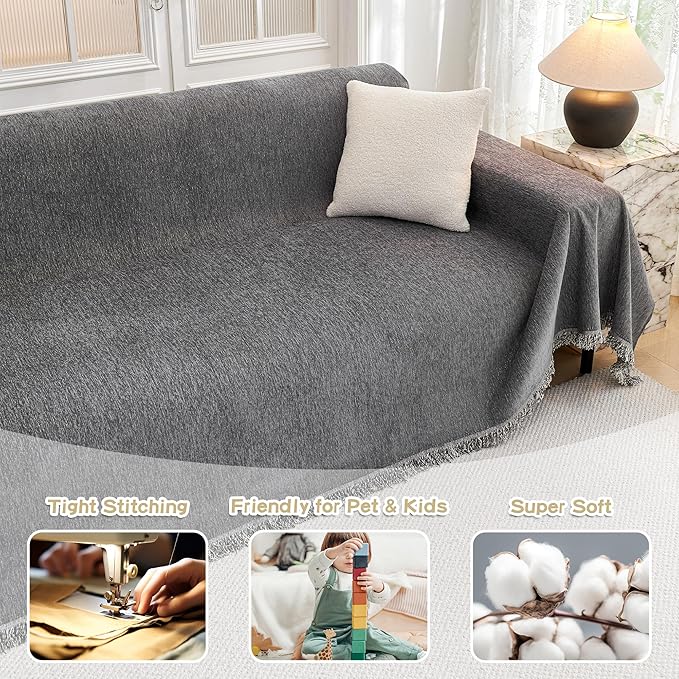 MYSKY HOME Couch Cover for Dogs, Washable Couch Covers, Non Slip Couch Sofa Cover, Couch Cover 2 Cushion Sofa Dogs Furniture Protector with Tassels Chenille Sofa Covers for Pets, 71"x118", Dark Grey