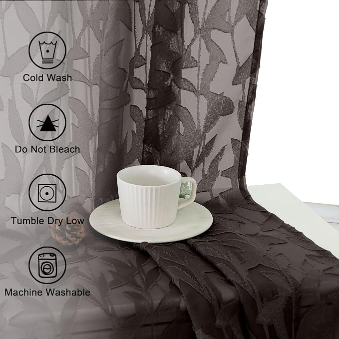 Lecloud Leia Jacquard Textured Chocolate Brown Semi Sheer Curtain 45 Inch Length - Image 6