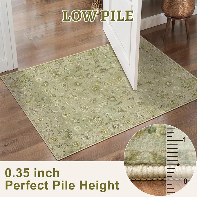 Tangsoo 2.6x8 Washable Runner Rug for Hallways, Floral Vintage Runner Non Slip, Soft Low Pile Long Rugs, Print Distressed Green Carpet Runners for Kitchen Bedroom Entryway Living Room